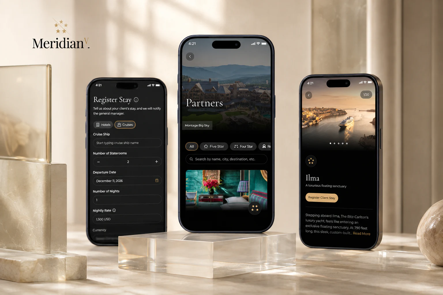 MeridianV advertising visual built from authentic app screens